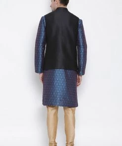 Vastramay Kurta Sets Men's Blue Cotton Silk Blend Kurta, Ethnic Jacket And Pyjama Set