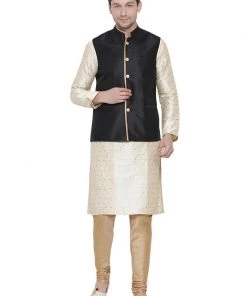 Vastramay Men's Gold Cotton Silk Blend Kurta, Ethnic Jacket And Pyjama Set