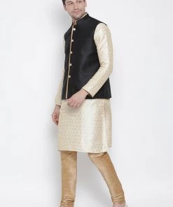 Vastramay Men's Gold Cotton Silk Blend Kurta, Ethnic Jacket And Pyjama Set