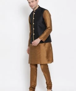 Vastramay Men's Brown Cotton Silk Blend Kurta, Ethnic Jacket And Pyjama Set