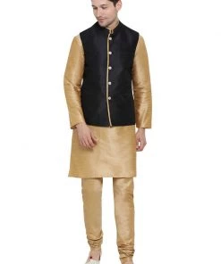 Vastramay Kurta Sets Men's Gold Cotton Silk Blend Kurta, Ethnic Jacket And Pyjama Set