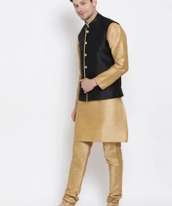 Vastramay Kurta Sets Men's Gold Cotton Silk Blend Kurta, Ethnic Jacket And Pyjama Set 9 Vastramay Kurta Sets Men's Gold Cotton Silk Blend Kurta, Ethnic Jacket And Pyjama Set