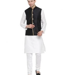Vastramay Men's White Cotton Silk Blend Kurta, Ethnic Jacket And Pyjama Set Kurta Sets