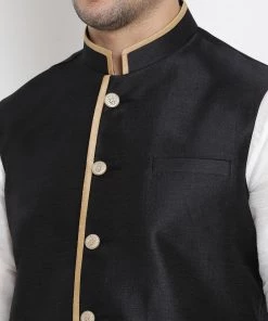 Vastramay Men's White Cotton Silk Blend Kurta, Ethnic Jacket And Pyjama Set Kurta Sets