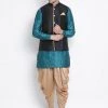 Vastramay Men's Dark Green Cotton Silk Blend Ethnic Jacket, Kurta And Dhoti Pant Set