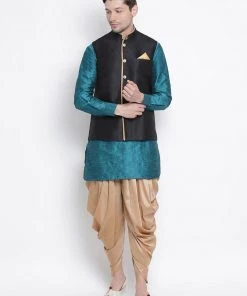 Vastramay Men's Dark Green Cotton Silk Blend Ethnic Jacket, Kurta And Dhoti Pant Set