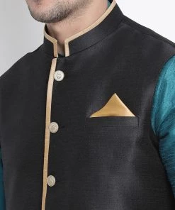 Vastramay Men's Dark Green Cotton Silk Blend Ethnic Jacket, Kurta And Dhoti Pant Set