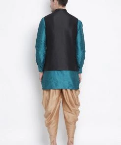 Vastramay Men's Dark Green Cotton Silk Blend Ethnic Jacket, Kurta And Dhoti Pant Set