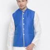 Vastramay Men's Blue Cotton Silk Blend Ethnic Jacket