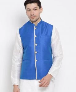 Vastramay Men's Blue Cotton Silk Blend Ethnic Jacket