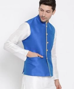 Vastramay Men's Blue Cotton Silk Blend Ethnic Jacket