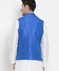 Vastramay Men's Blue Cotton Silk Blend Ethnic Jacket