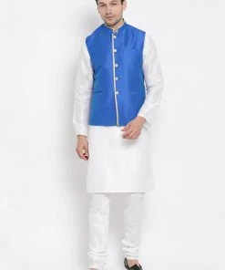 Vastramay Men's Blue Cotton Silk Blend Ethnic Jacket
