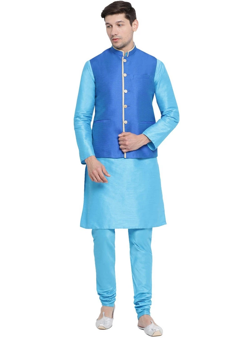 Vastramay Men's Light Blue Cotton Silk Blend Kurta, Ethnic Jacket And Pyjama Set 3 Vastramay Men's Light Blue Cotton Silk Blend Kurta, Ethnic Jacket And Pyjama Set