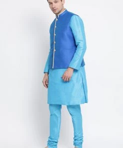 Vastramay Men's Light Blue Cotton Silk Blend Kurta, Ethnic Jacket And Pyjama Set 9 Vastramay Men's Light Blue Cotton Silk Blend Kurta, Ethnic Jacket And Pyjama Set