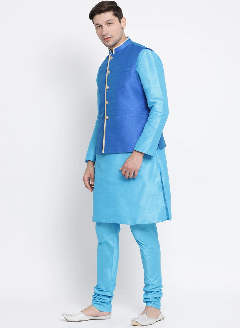 Vastramay Men's Light Blue Cotton Silk Blend Kurta, Ethnic Jacket And Pyjama Set 4 Vastramay Men's Light Blue Cotton Silk Blend Kurta, Ethnic Jacket And Pyjama Set