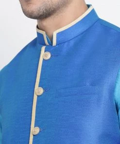 Vastramay Men's Light Blue Cotton Silk Blend Kurta, Ethnic Jacket And Pyjama Set 10 Vastramay Men's Light Blue Cotton Silk Blend Kurta, Ethnic Jacket And Pyjama Set