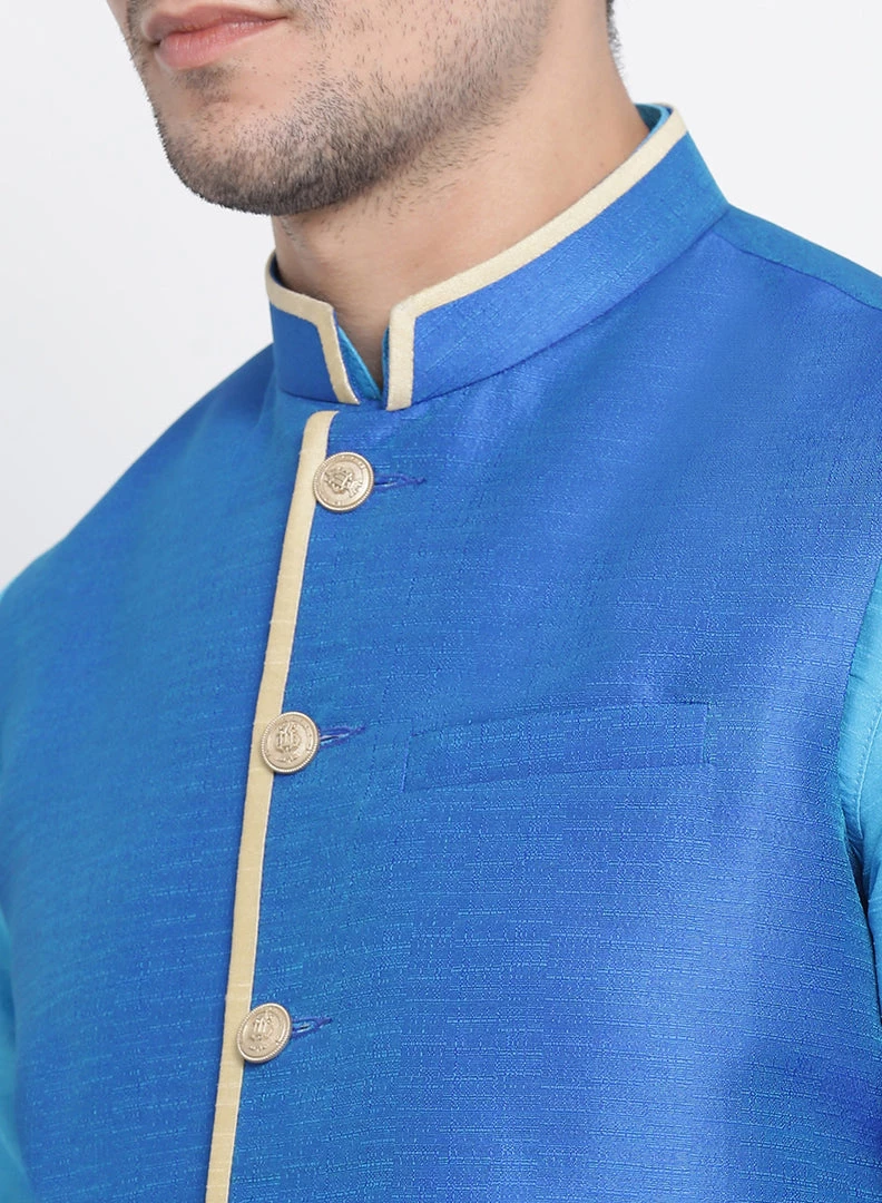 Vastramay Men's Light Blue Cotton Silk Blend Kurta, Ethnic Jacket And Pyjama Set 5 Vastramay Men's Light Blue Cotton Silk Blend Kurta, Ethnic Jacket And Pyjama Set