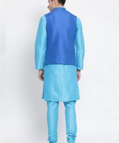 Vastramay Men's Light Blue Cotton Silk Blend Kurta, Ethnic Jacket And Pyjama Set 11 Vastramay Men's Light Blue Cotton Silk Blend Kurta, Ethnic Jacket And Pyjama Set