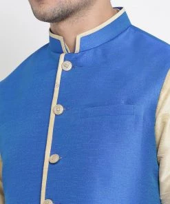 Vastramay Men's Gold Cotton Silk Blend Kurta, Ethnic Jacket And Pyjama Set