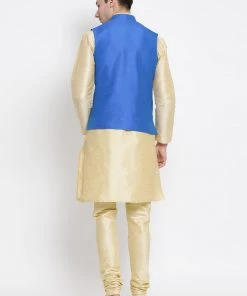 Vastramay Men's Gold Cotton Silk Blend Kurta, Ethnic Jacket And Pyjama Set