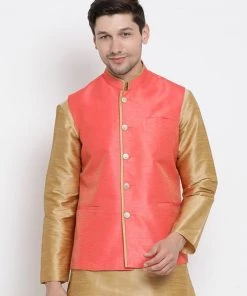 VASTRAMAY Men's Pink Cotton Silk Blend Ethnic Jacket
