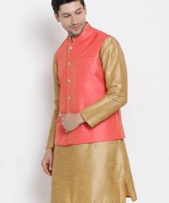 VASTRAMAY Men's Pink Cotton Silk Blend Ethnic Jacket