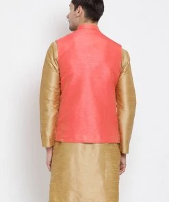 VASTRAMAY Men's Pink Cotton Silk Blend Ethnic Jacket