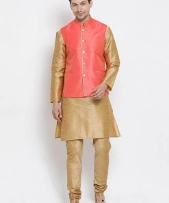 VASTRAMAY Men's Pink Cotton Silk Blend Ethnic Jacket