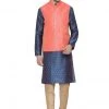 Vastramay Men's Blue Cotton Silk Blend Kurta, Ethnic Jacket And Pyjama Set Kurta Sets