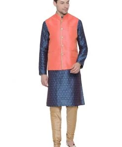 Vastramay Men's Blue Cotton Silk Blend Kurta, Ethnic Jacket And Pyjama Set Kurta Sets