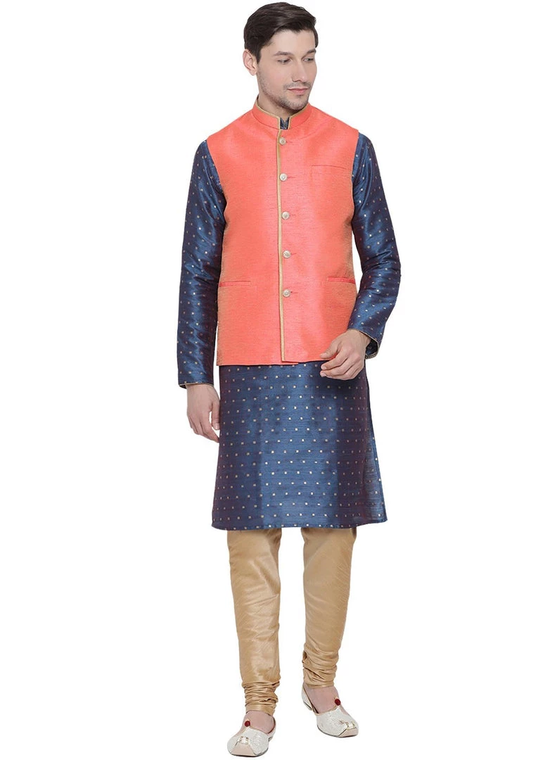 Vastramay Men's Blue Cotton Silk Blend Kurta, Ethnic Jacket And Pyjama Set Kurta Sets 3 Vastramay Men's Blue Cotton Silk Blend Kurta, Ethnic Jacket And Pyjama Set Kurta Sets