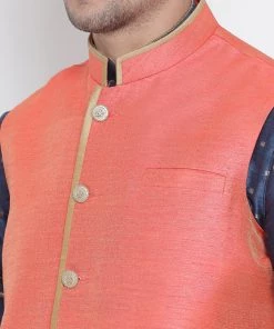 Vastramay Men's Blue Cotton Silk Blend Kurta, Ethnic Jacket And Pyjama Set Kurta Sets 10 Vastramay Men's Blue Cotton Silk Blend Kurta, Ethnic Jacket And Pyjama Set Kurta Sets