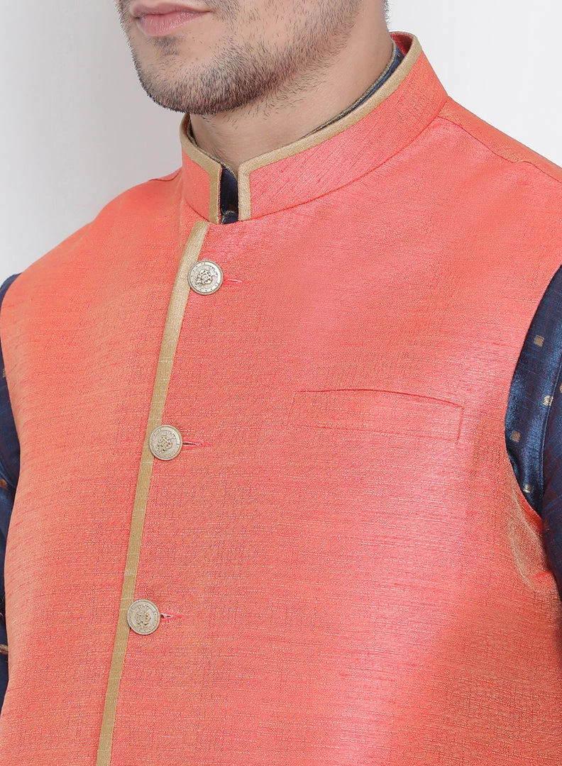 Vastramay Men's Blue Cotton Silk Blend Kurta, Ethnic Jacket And Pyjama Set Kurta Sets 5 Vastramay Men's Blue Cotton Silk Blend Kurta, Ethnic Jacket And Pyjama Set Kurta Sets