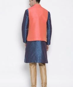 Vastramay Men's Blue Cotton Silk Blend Kurta, Ethnic Jacket And Pyjama Set Kurta Sets 11 Vastramay Men's Blue Cotton Silk Blend Kurta, Ethnic Jacket And Pyjama Set Kurta Sets