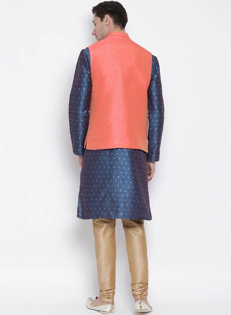 Vastramay Men's Blue Cotton Silk Blend Kurta, Ethnic Jacket And Pyjama Set Kurta Sets 6 Vastramay Men's Blue Cotton Silk Blend Kurta, Ethnic Jacket And Pyjama Set Kurta Sets