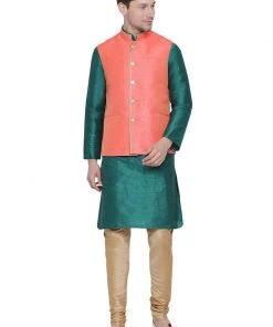 Vastramay Men's Green Cotton Silk Blend Kurta, Ethnic Jacket And Pyjama Set