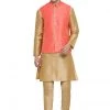 Vastramay Men's Gold Cotton Silk Blend Kurta, Ethnic Jacket And Pyjama Set