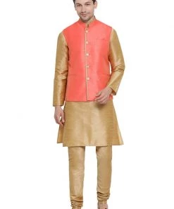 Vastramay Men's Gold Cotton Silk Blend Kurta, Ethnic Jacket And Pyjama Set