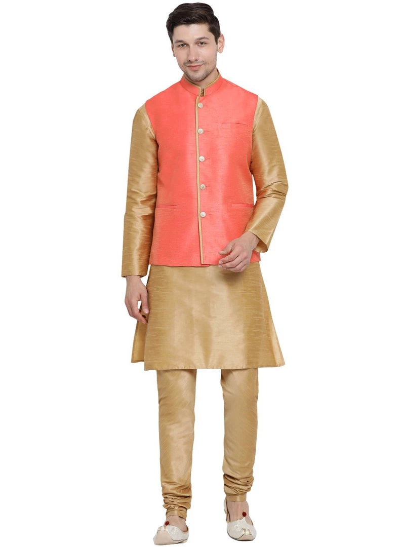Vastramay Men's Gold Cotton Silk Blend Kurta, Ethnic Jacket And Pyjama Set 3 Vastramay Men's Gold Cotton Silk Blend Kurta, Ethnic Jacket And Pyjama Set