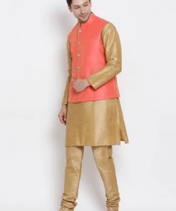 Vastramay Men's Gold Cotton Silk Blend Kurta, Ethnic Jacket And Pyjama Set 9 Vastramay Men's Gold Cotton Silk Blend Kurta, Ethnic Jacket And Pyjama Set