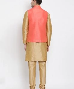 Vastramay Men's Gold Cotton Silk Blend Kurta, Ethnic Jacket And Pyjama Set 11 Vastramay Men's Gold Cotton Silk Blend Kurta, Ethnic Jacket And Pyjama Set