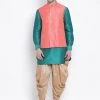 Vastramay Men's Green Cotton Silk Blend Ethnic Jacket, Kurta And Dhoti Pant Set