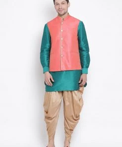 Vastramay Men's Green Cotton Silk Blend Ethnic Jacket, Kurta And Dhoti Pant Set