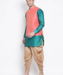 Vastramay Men's Green Cotton Silk Blend Ethnic Jacket, Kurta And Dhoti Pant Set