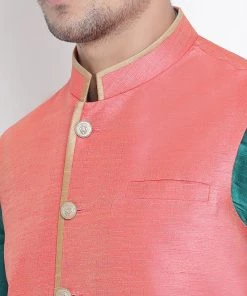 Vastramay Men's Green Cotton Silk Blend Ethnic Jacket, Kurta And Dhoti Pant Set