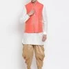 Vastramay Men's White Cotton Silk Blend Ethnic Jacket, Kurta And Dhoti Pant Set