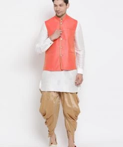 Vastramay Men's White Cotton Silk Blend Ethnic Jacket, Kurta And Dhoti Pant Set