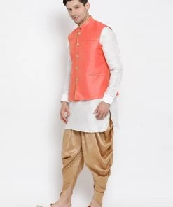 Vastramay Men's White Cotton Silk Blend Ethnic Jacket, Kurta And Dhoti Pant Set