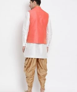 Vastramay Men's White Cotton Silk Blend Ethnic Jacket, Kurta And Dhoti Pant Set